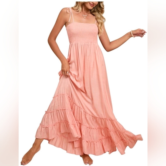 New with tags! Kojooin Womens XL peach smocked maxi maternity summer sun dress - Picture 1 of 9